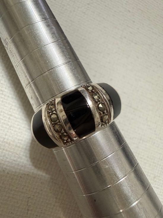 925 Sterling Silver Jewelry - Sterling Silver 925 Black Onyx and Marcasite Dome Ring size 5.75